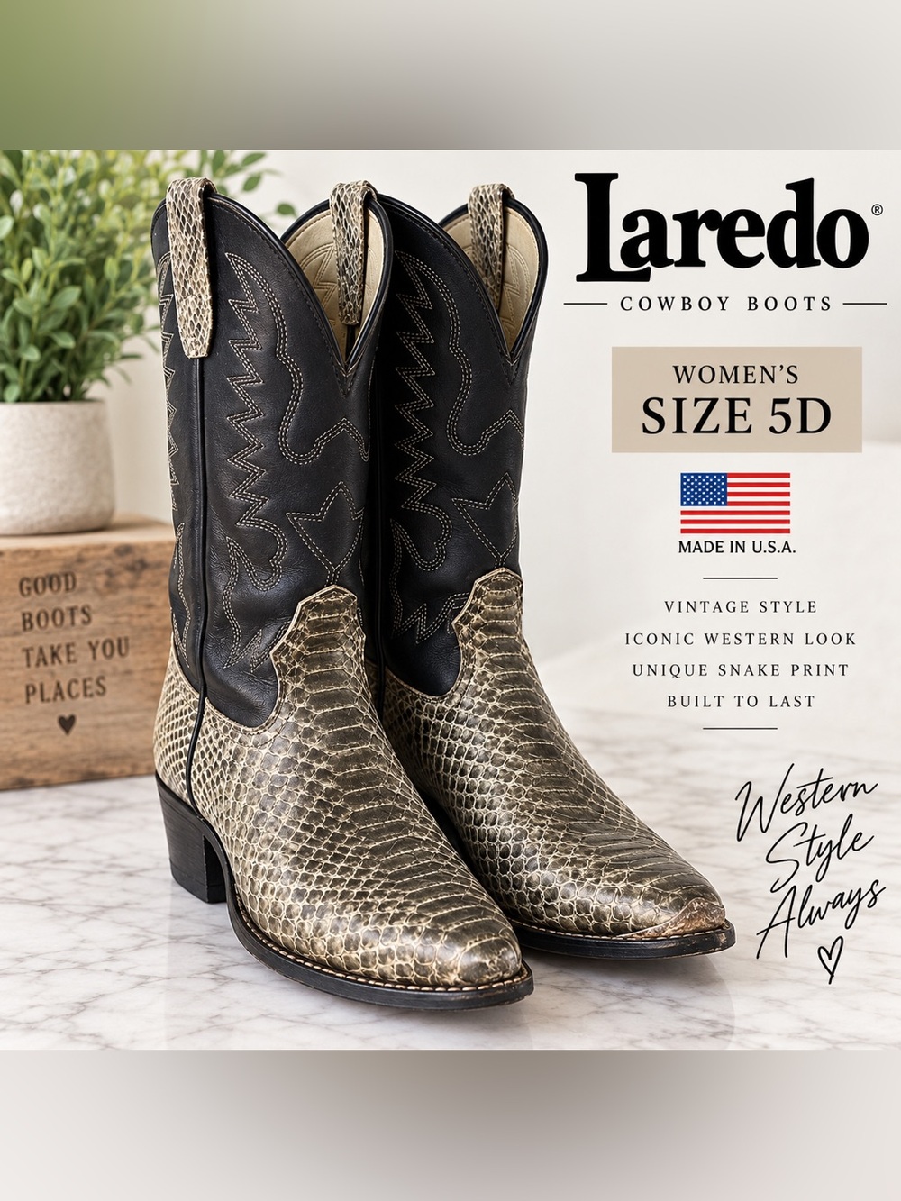 Vintage Laredo Women’s 5D Cowboy Boots Snake Print Black Western Made USA